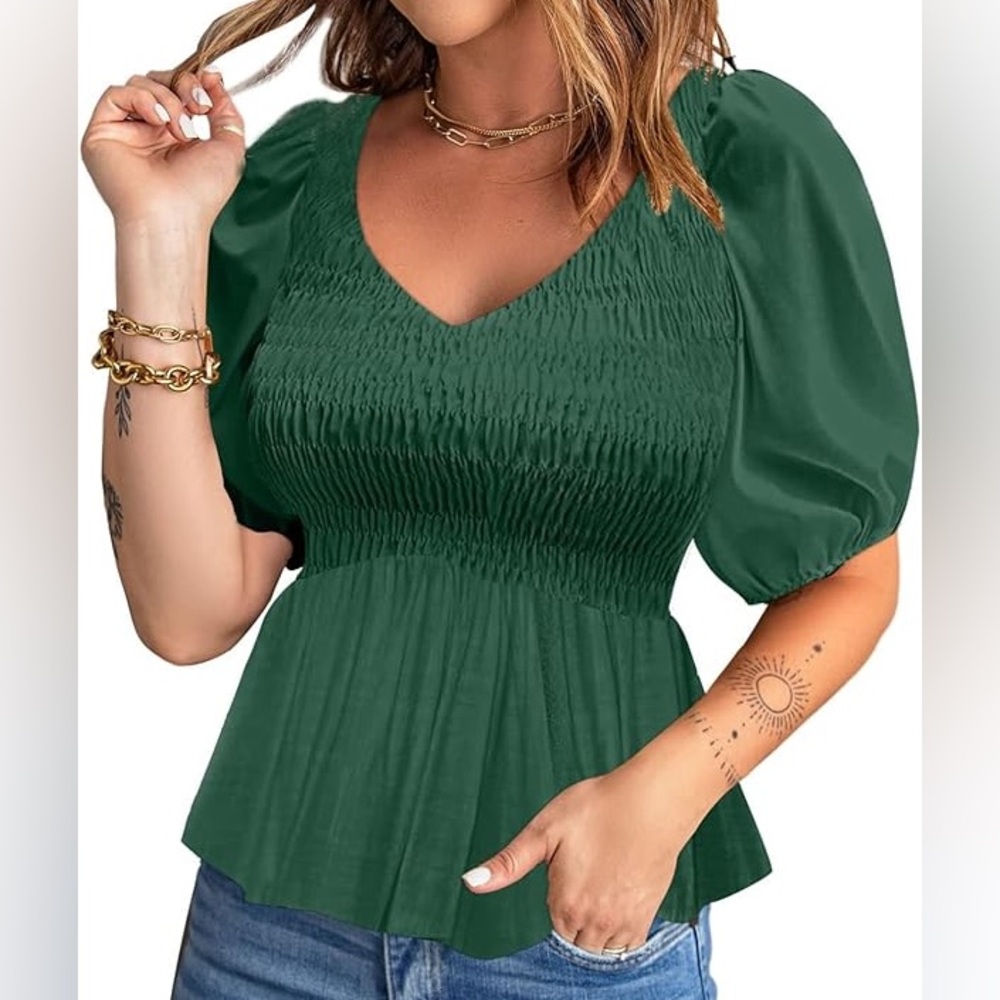 NWOT Forest Green Smocked Blouse with Puff Sleeves